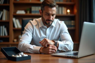 Homme d'affaires examinant une montre Rolex achetée en ligne dans un bureau moderne avec un site e-commerce ouvert sur laptop