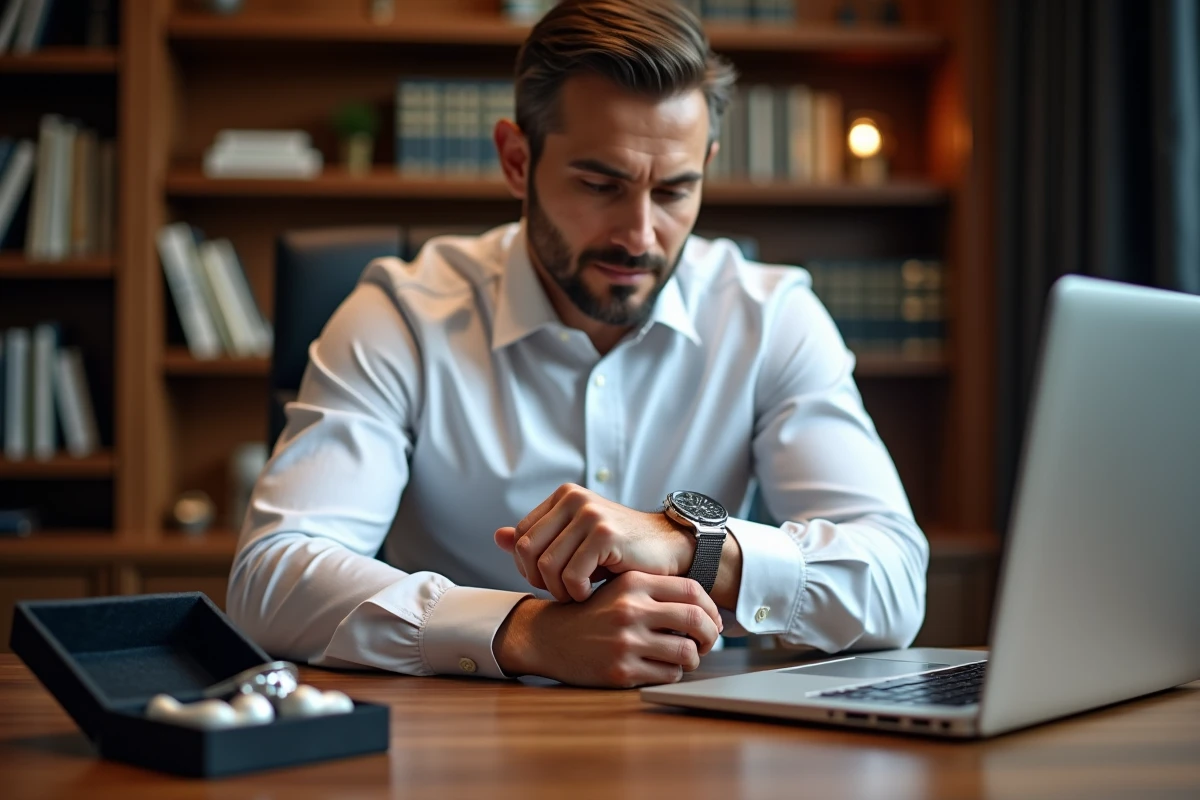 Homme d'affaires examinant une montre Rolex achetée en ligne dans un bureau moderne avec un site e-commerce ouvert sur laptop