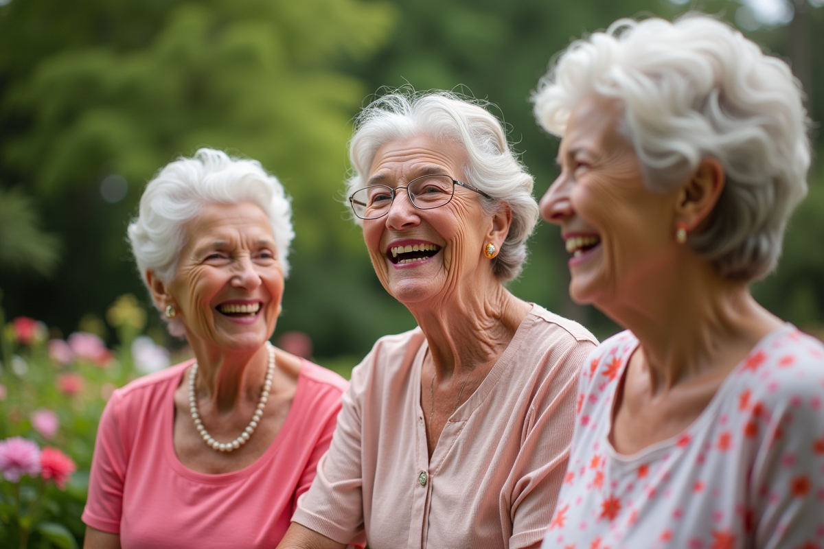 Trois femmes de 70 ans riant dans un jardin en portant du lipstick