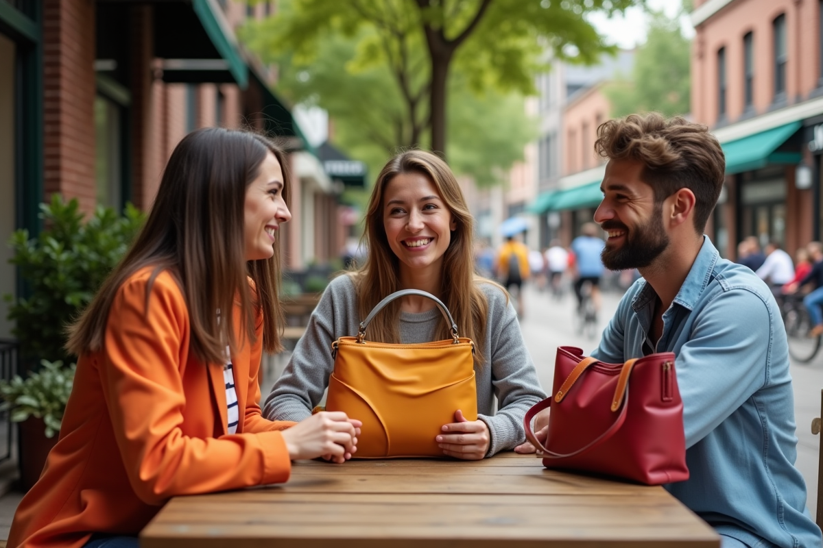 Groupe d amis avec sacs à la mode au café extérieur