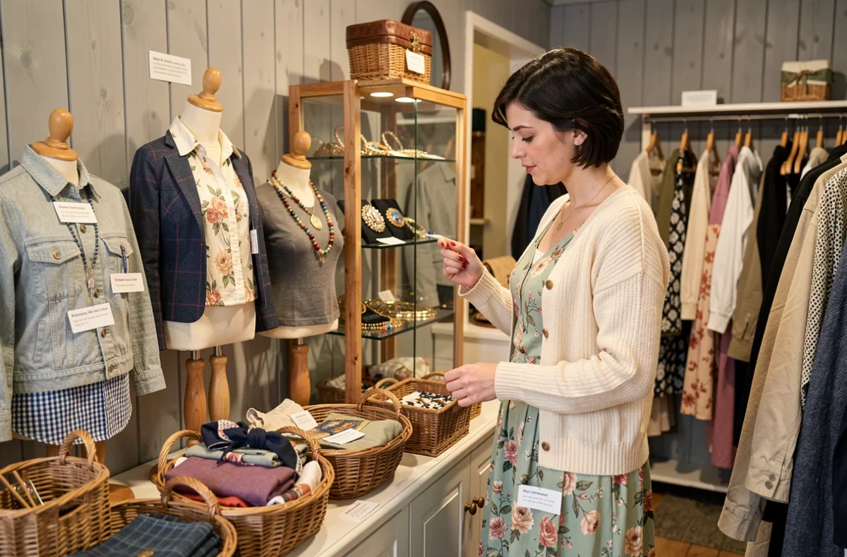 Présentation de vêtements et accessoires vintage de la collection Armel dans une boutique bretonne