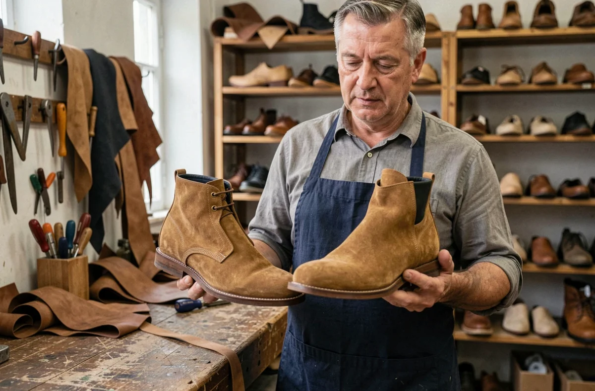 Artisan cordonnier comparant une botte en daim véritable et une botte en daim synthétique dans son atelier