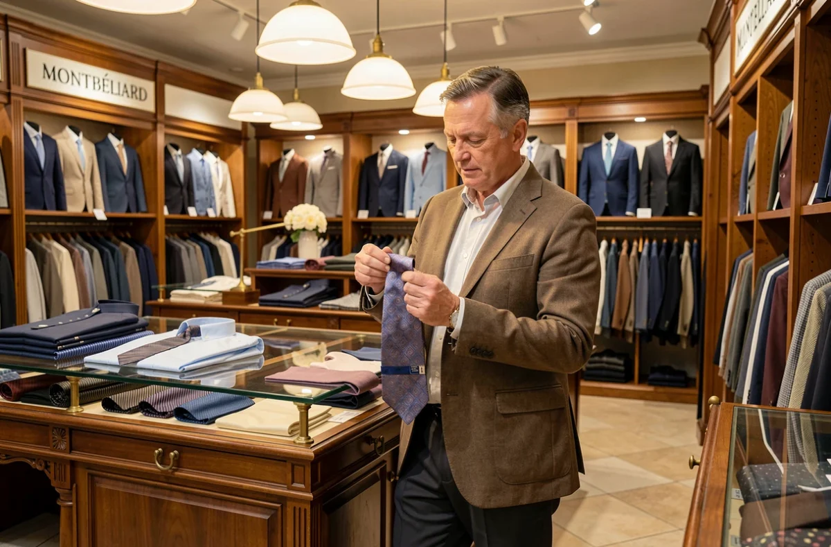 Homme mature examinant une cravate en soie dans le rayon mode homme des Galeries à Montbéliard, présentoirs classiques en bois et vitrine avec articles soigneusement organisés