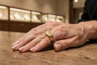 Bague chevalière en or portée au doigt d'une femme sur une table en bois dans une bijouterie élégante