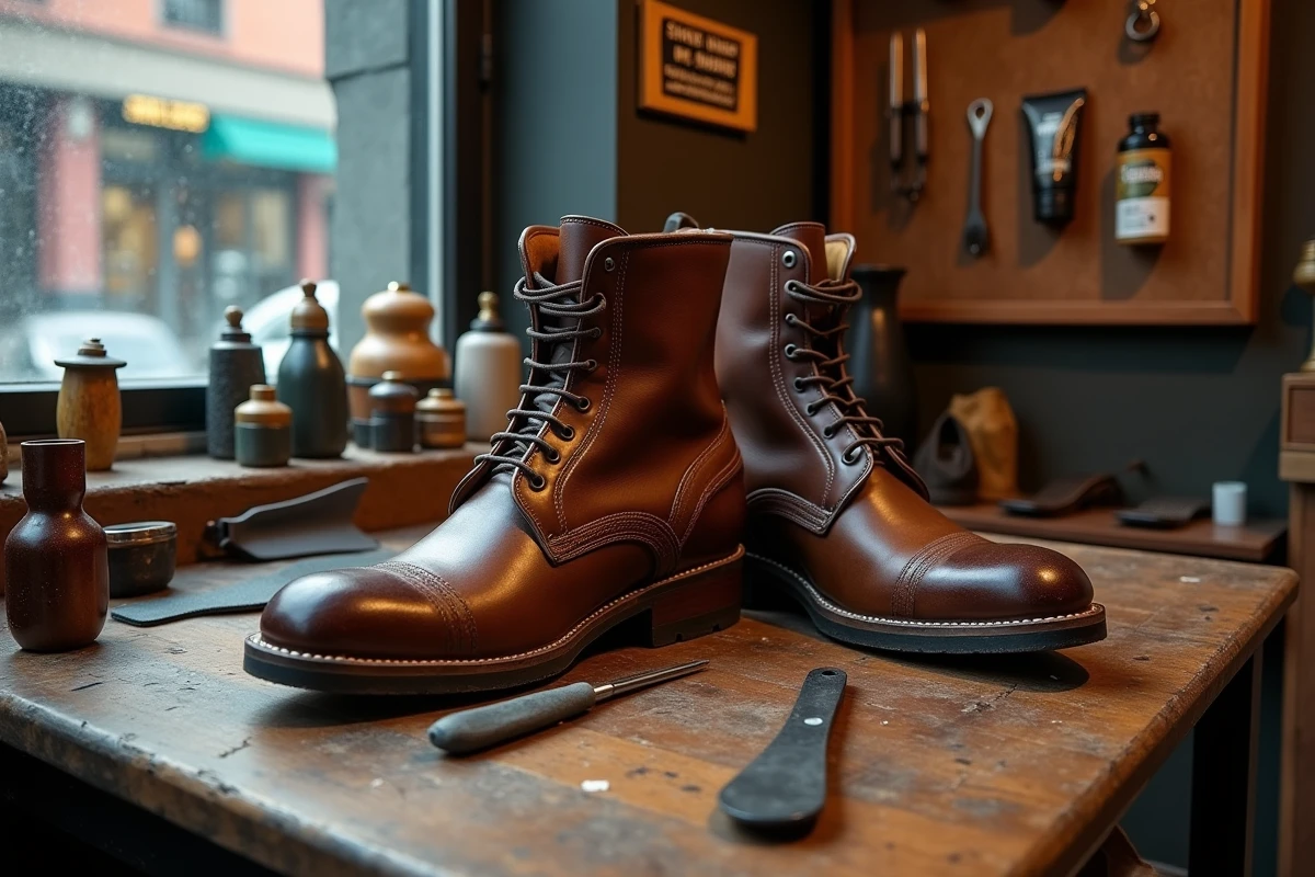 Bottines en cuir usées déposées chez le cordonnier pour ressemellage et réparation de semelle décollée