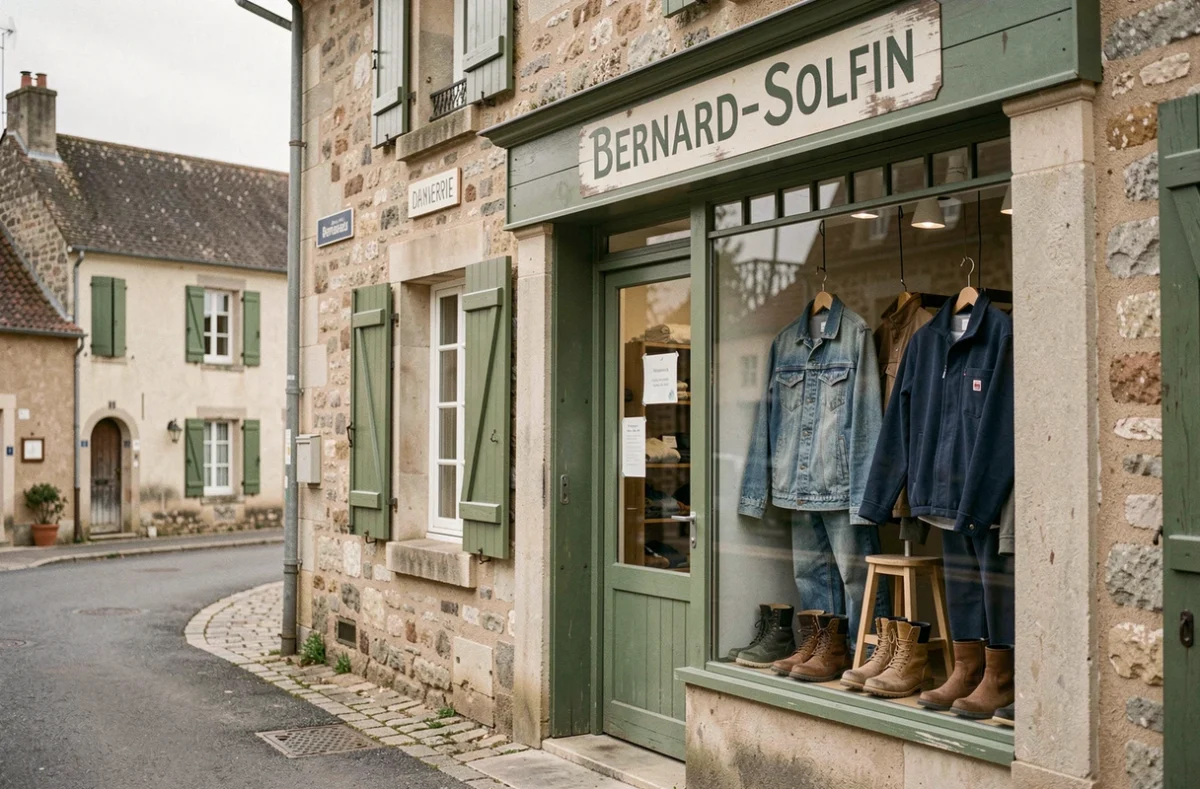 Devanture de la boutique Bernard-Solfin à Chanverrie avec vêtements pratiques exposés en vitrine dans un cadre de village vendéen