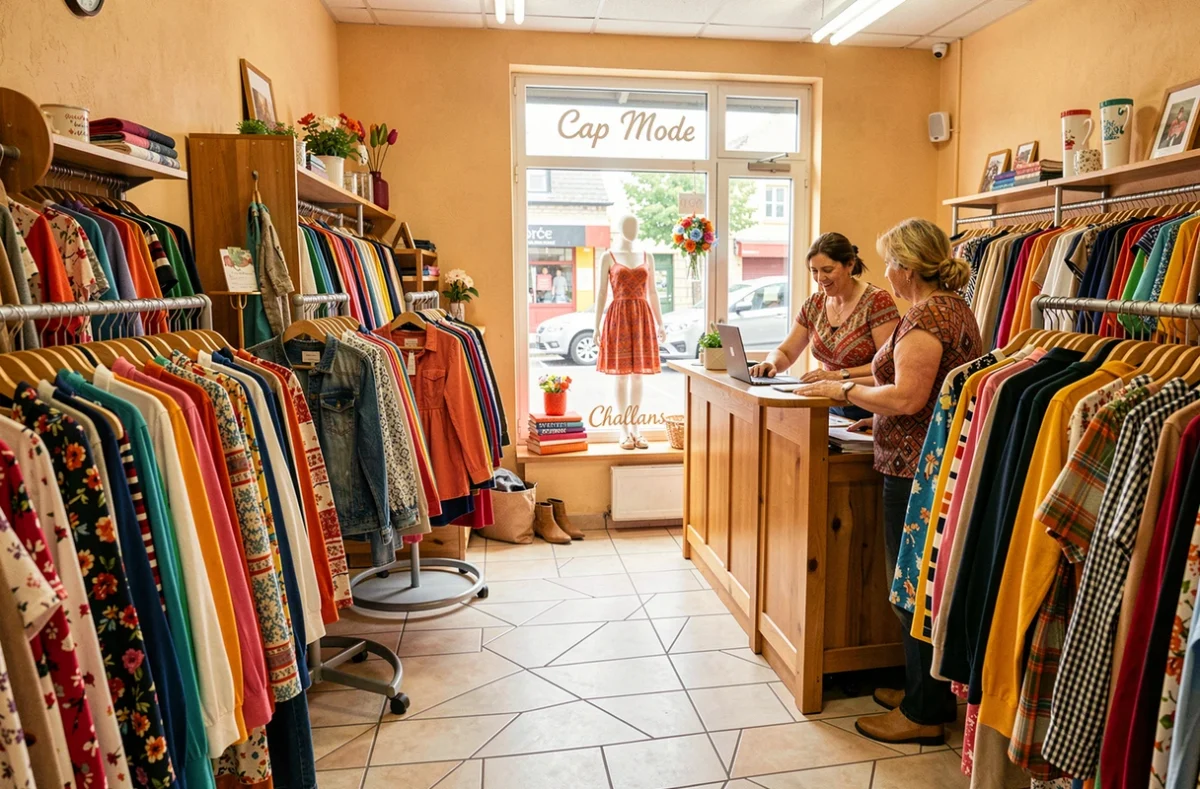Intérieur de la boutique Cap Mode à Challans avec rayons prêt-à-porter colorés et vitrine saisonnière visible depuis l'intérieur