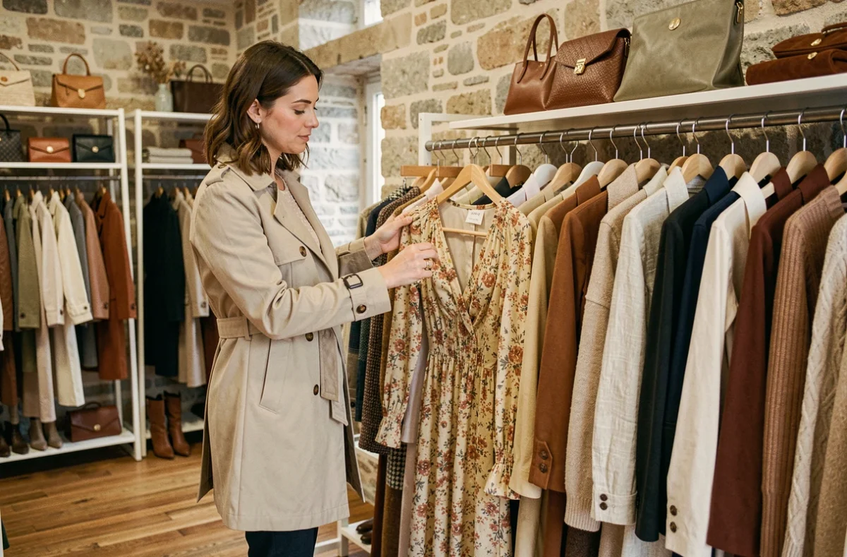 Femme feuilletant des vêtements dans une boutique de prêt-à-porter féminin à Besançon, dans le Doubs