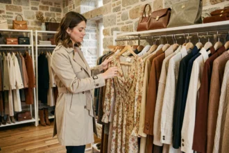Femme feuilletant des vêtements dans une boutique de prêt-à-porter féminin à Besançon, dans le Doubs