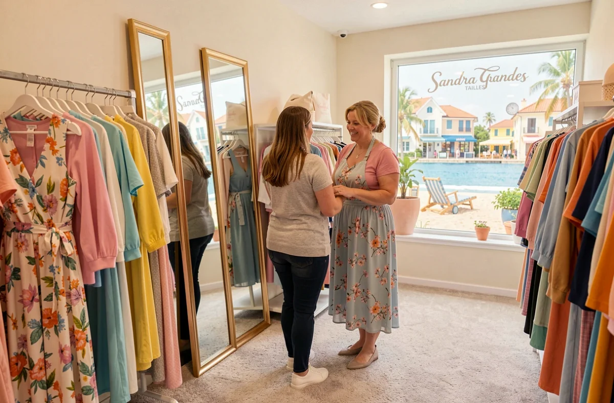 Intérieur de la boutique Sandra Grandes Tailles aux Sables-d'Olonne avec vêtements féminins colorés en grandes tailles et ambiance accueillante