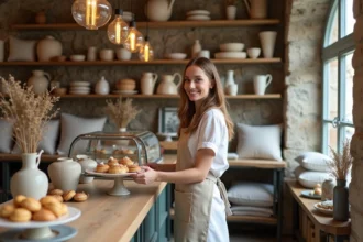 Intérieur chaleureux de la boutique Tess Goods mêlant décoration artisanale et pâtisseries françaises sur des étagères en bois rustique