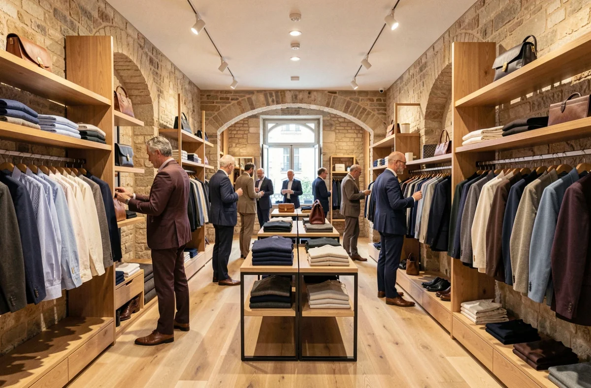 Vue d'ensemble d'une boutique de mode homme en Bourgogne-Franche-Comté avec des vêtements soigneusement exposés dans un cadre élégant mêlant pierre ancienne et design contemporain