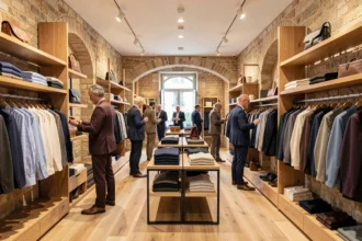Vue d'ensemble d'une boutique de mode homme en Bourgogne-Franche-Comté avec des vêtements soigneusement exposés dans un cadre élégant mêlant pierre ancienne et design contemporain