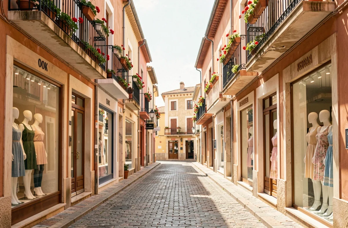 Rue commerçante ensoleillée de Perpignan avec vitrines de prêt-à-porter féminin et architecture catalane