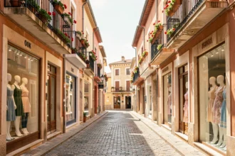 Rue commerçante ensoleillée de Perpignan avec vitrines de prêt-à-porter féminin et architecture catalane