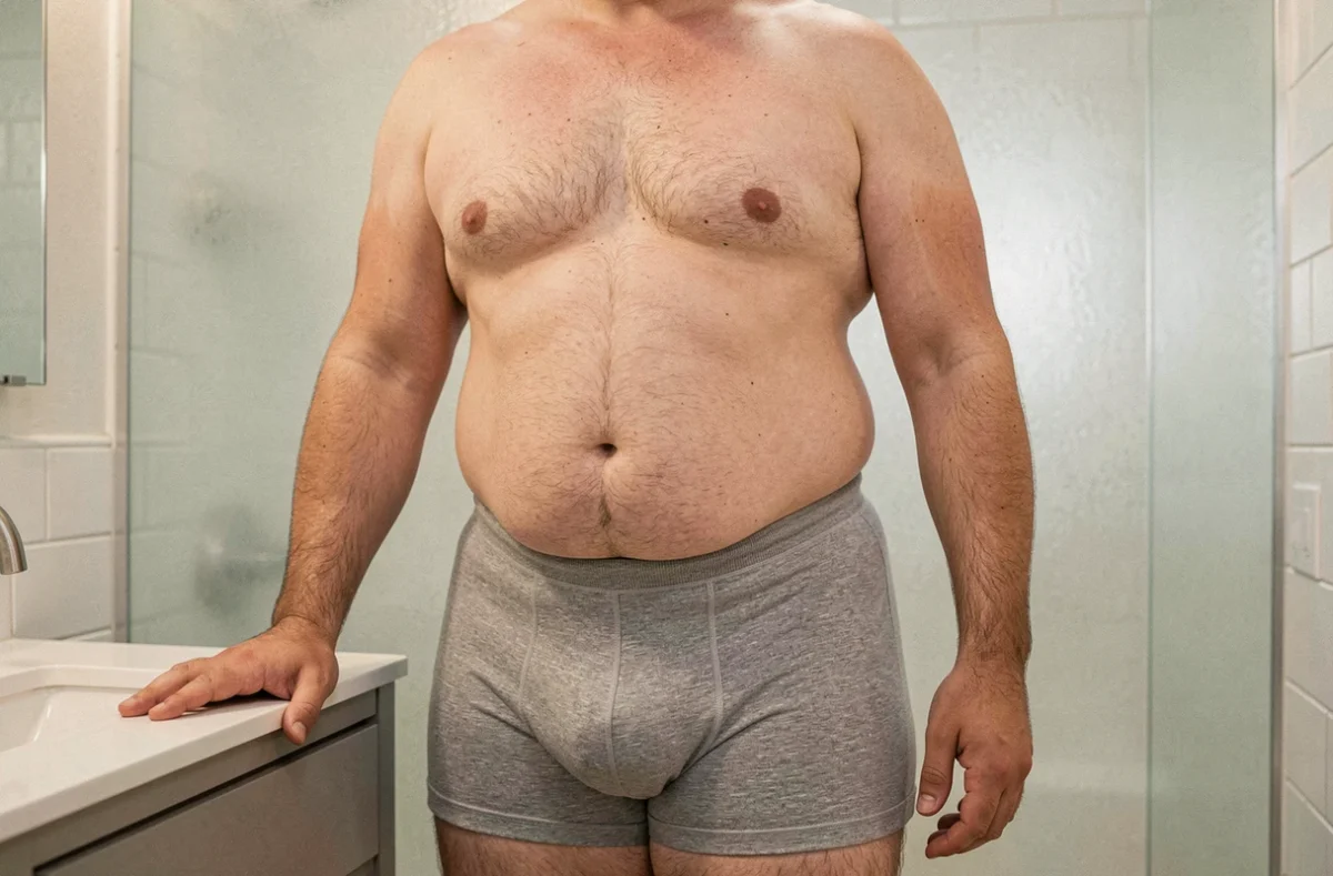 Homme grande taille portant un boxer kangourou gris en coton stretch dans une salle de bain moderne, montrant maintien et confort
