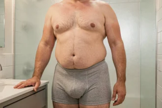 Homme grande taille portant un boxer kangourou gris en coton stretch dans une salle de bain moderne, montrant maintien et confort