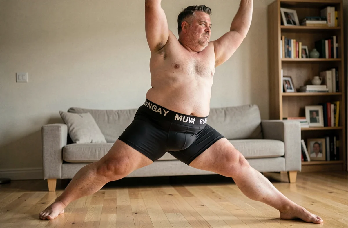 Homme grande taille en boxer kangourou noir en tissu technique effectuant un étirement dans son salon, liberté de mouvement et confort au quotidien