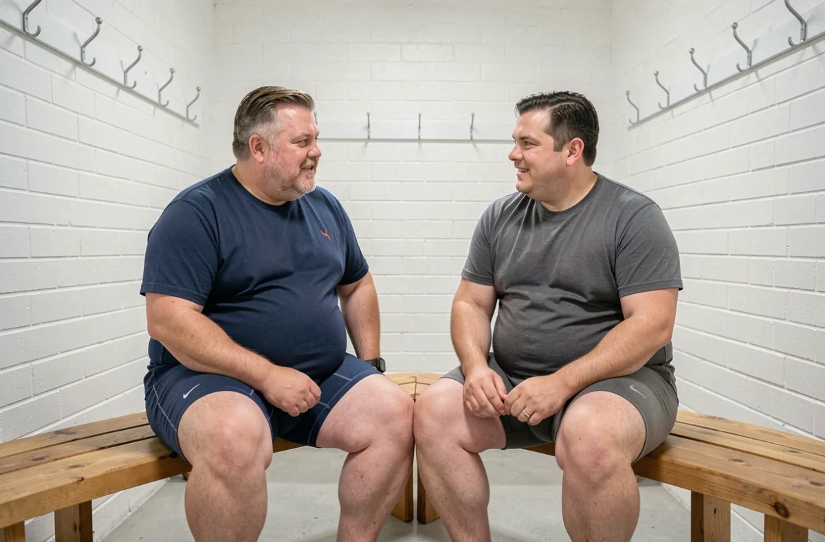 Deux hommes grande taille en boxer kangourou bleu marine et anthracite assis dans un vestiaire moderne, style décontracté et naturel