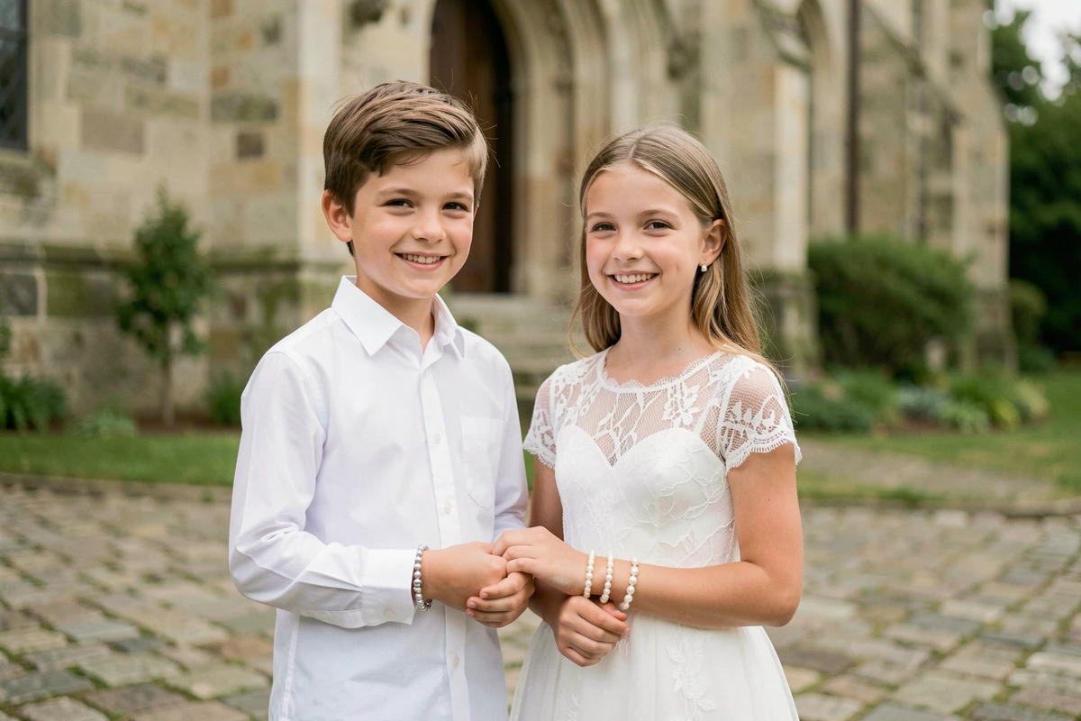 Bracelet de communion mixte porté par un garçon et une fille en tenue blanche devant une église