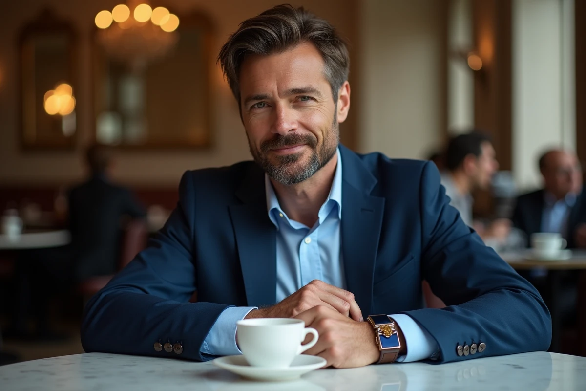 Homme en costume bleu marine portant un bracelet en lapis lazuli et une montre à bracelet cuir dans un café parisien