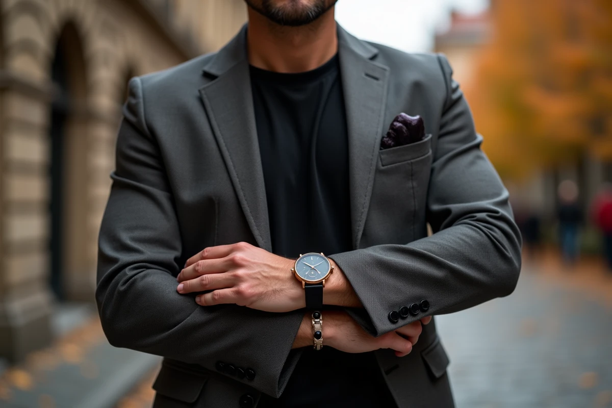 Homme élégant en blazer charbon portant un bracelet en onyx noir et une montre chronographe or rose dans une rue pavée européenne