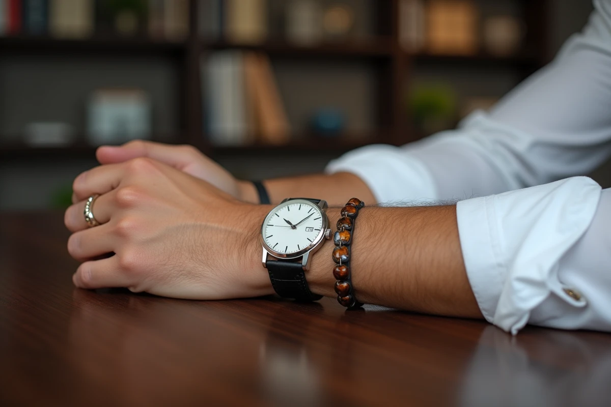Homme portant un bracelet en pierre naturelle œil de tigre et une montre chic argentée au poignet sur un bureau en noyer