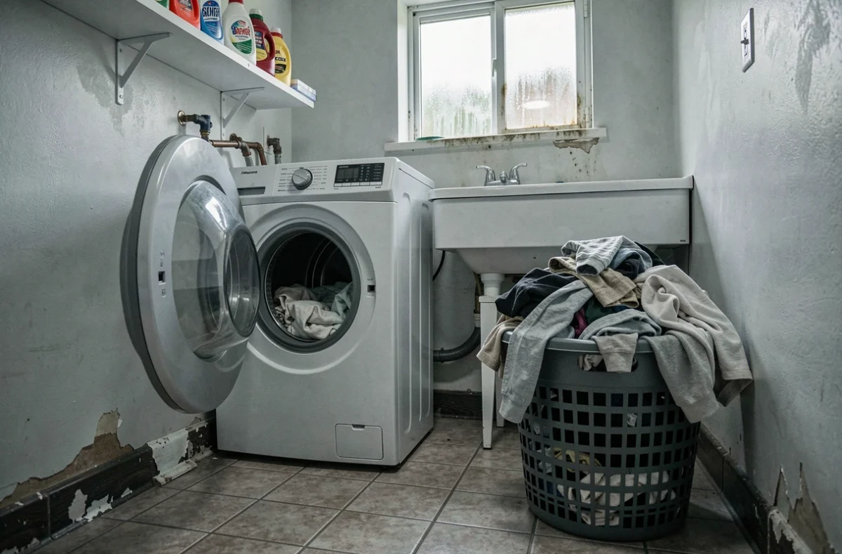 Buanderie domestique avec panier de linge débordant et hublot de machine à laver ouvert, illustrant les sources d'odeurs de renfermé dans la maison