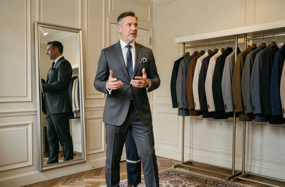 Homme distingué en costume sur mesure dans la boutique Caractère d'Homme à Dijon, décor classique français avec boiseries crème et miroir de tailleur pleine longueur