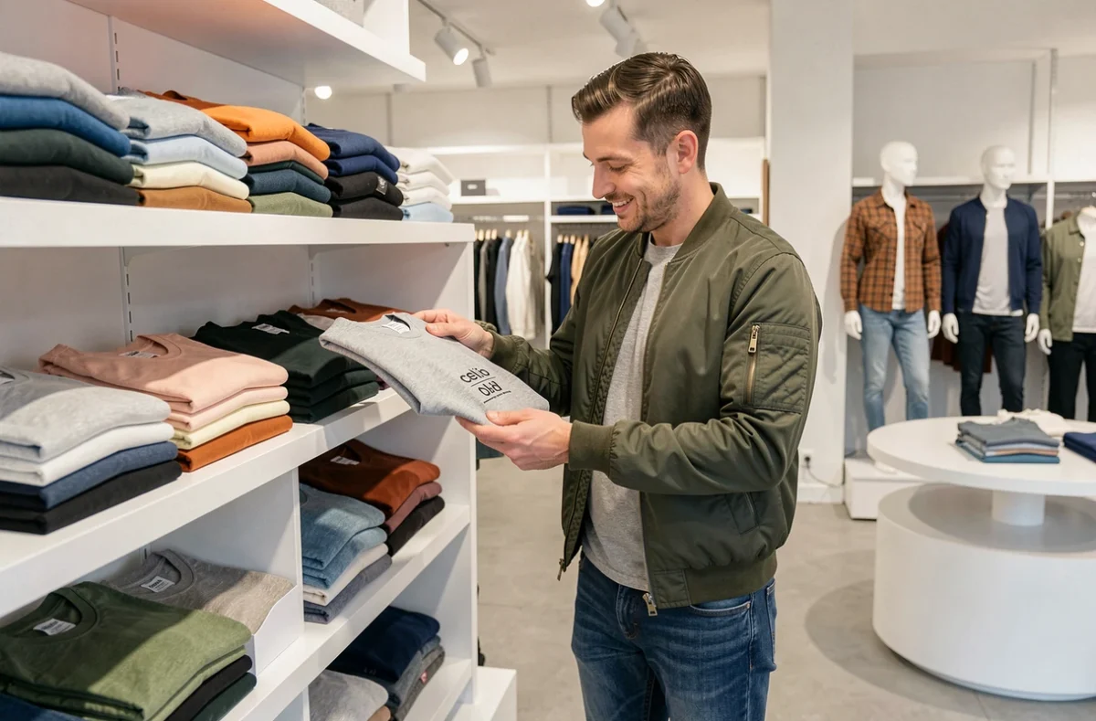 Homme en jean slim et blouson consultant des t-shirts basiques empilés dans la boutique Celio à Auxerre, espace commercial moderne et lumineux avec tables d'exposition circulaires