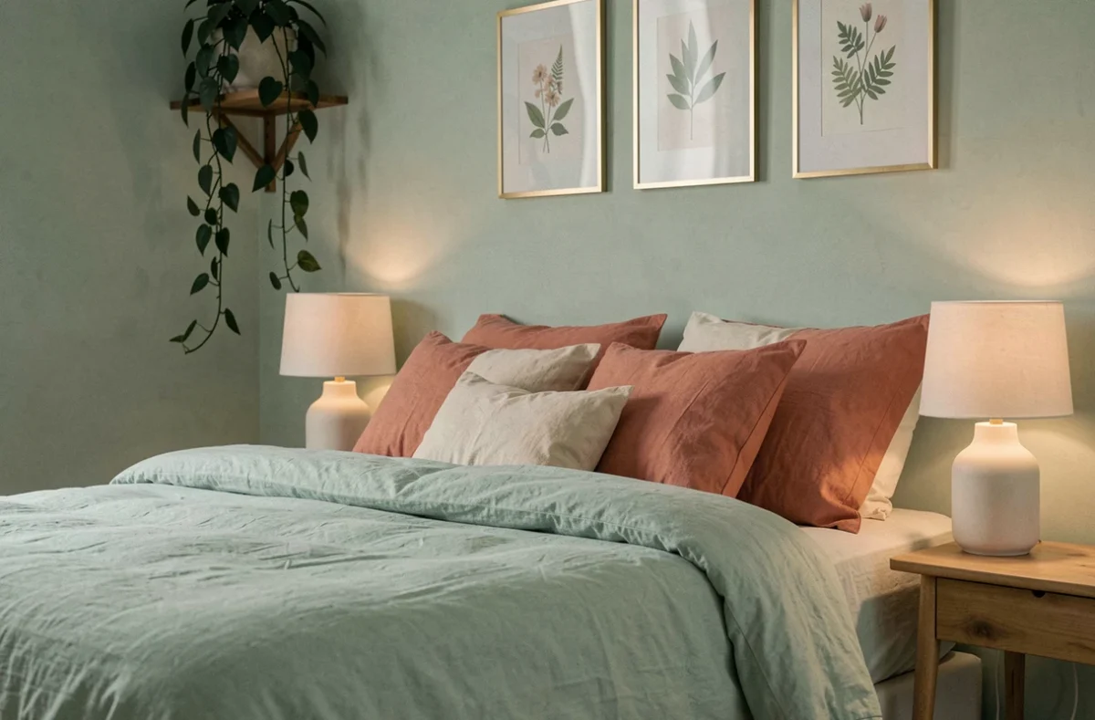 Petite chambre décorée en vert d'eau et corail poudré avec parure de lit en lin, plante retombante et mur de cadres botaniques