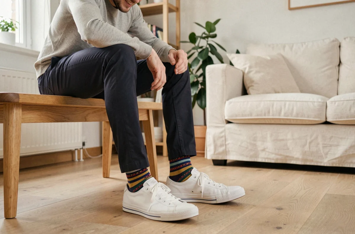 Homme en chino marine assis sur un banc en bois, montrant des chaussettes colorées à rayures géométriques dans un appartement de style scandinave