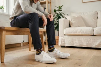 Homme en chino marine assis sur un banc en bois, montrant des chaussettes colorées à rayures géométriques dans un appartement de style scandinave