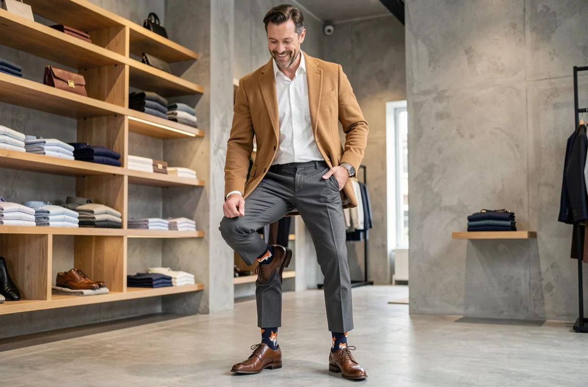 Homme en costume chic dans une boutique de mode masculine révélant des chaussettes fantaisie à motif renard sous un pantalon gris anthracite