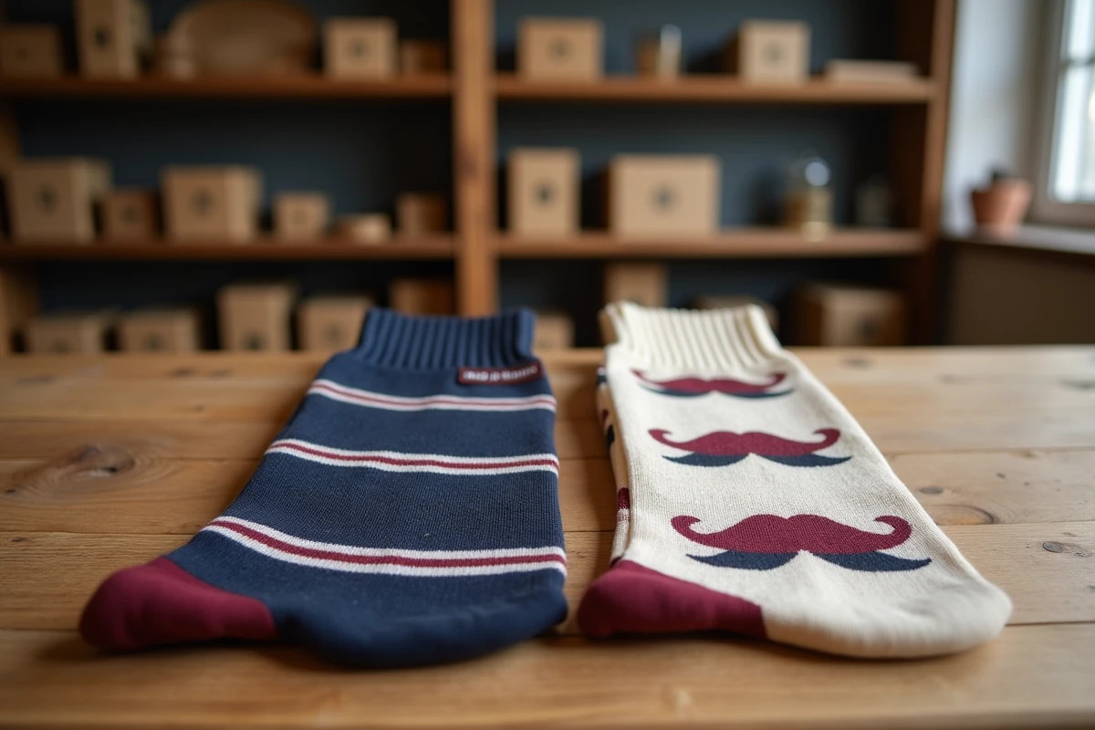 Flat lay de deux paires de chaussettes homme made in France avec motifs bretons et moustaches sur table en bois artisanale