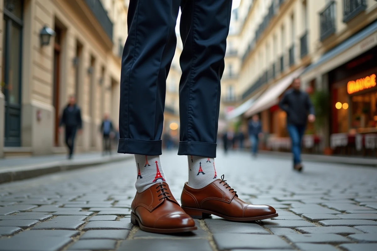 Homme en ville française portant des chaussettes originales avec motifs Tour Eiffel et chaussures Oxford marron sur pavés parisiens