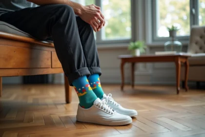 Homme assis en appartement parisien portant des chaussettes rigolotes colorées à motifs géométriques et chinos slim sombres