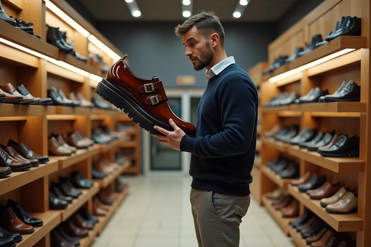 Homme en magasin de chaussures tenant une chaussure habillée à bout carré exagérément laide
