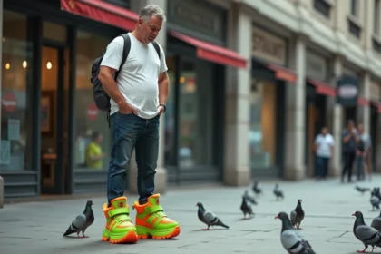 Homme portant des chaussures chunky moches aux couleurs criardes vert et orange dans une rue urbaine