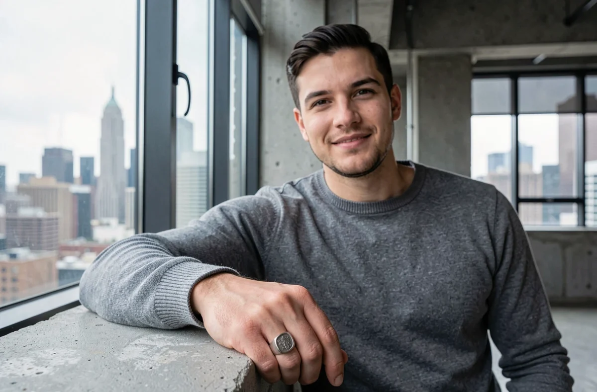 Jeune homme portant une chevalière en argent gravée sur fond de skyline urbain depuis un appartement loft industriel moderne