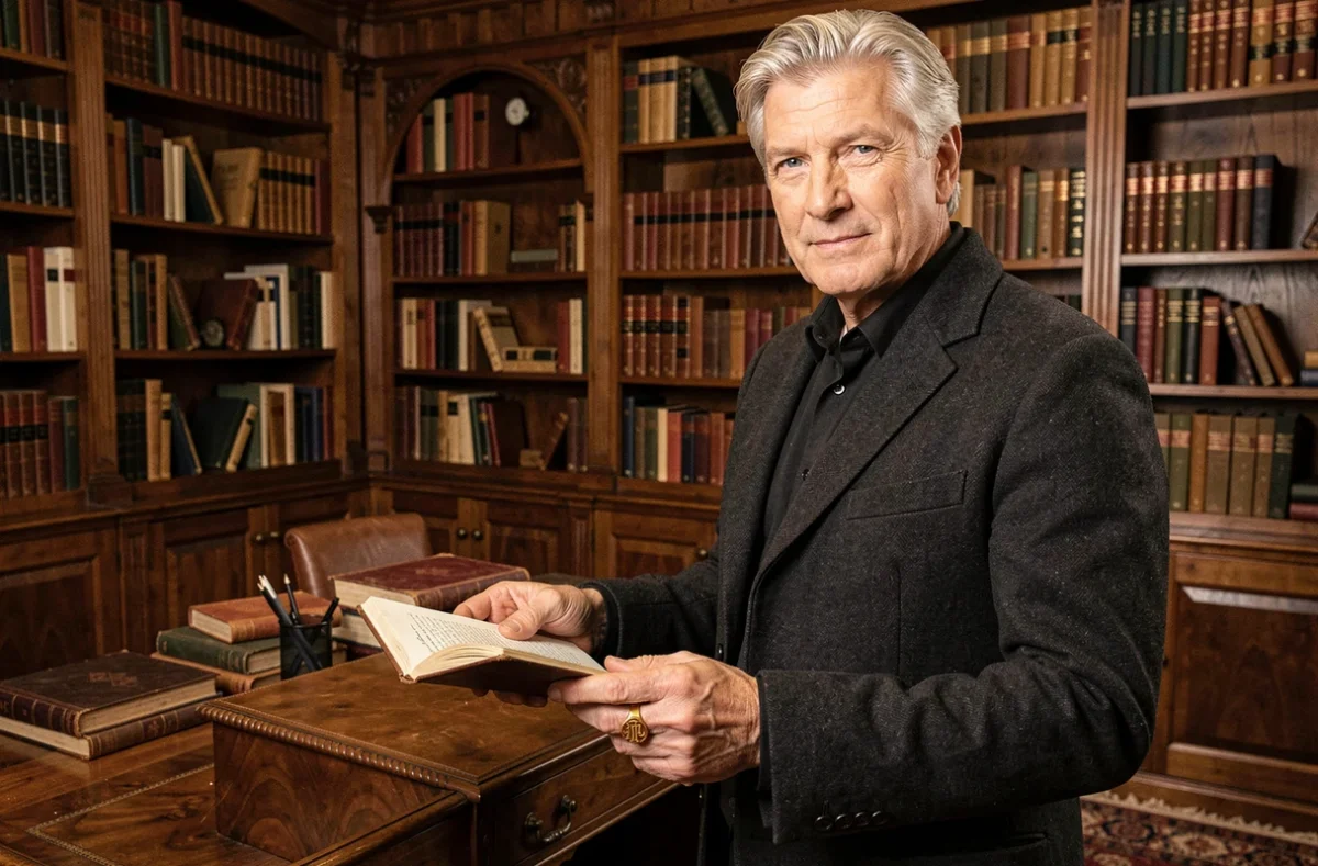 Homme distingué d'âge mûr arborant une chevalière en or jaune gravée d'un monogramme, dans un bureau classique aux étagères de livres anciens