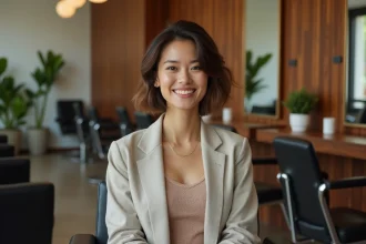 Femme souriante avec coupe courte tendance en salon moderne