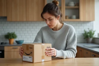 Femme comparant les étiquettes de suivi sur un colis Shein posé sur une table de cuisine en bois