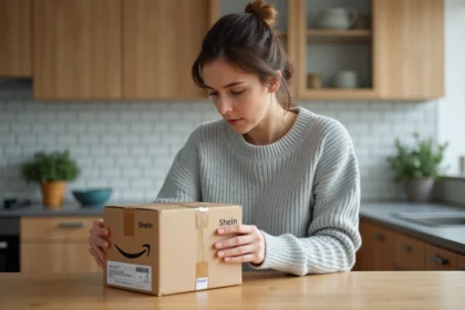 Femme comparant les étiquettes de suivi sur un colis Shein posé sur une table de cuisine en bois