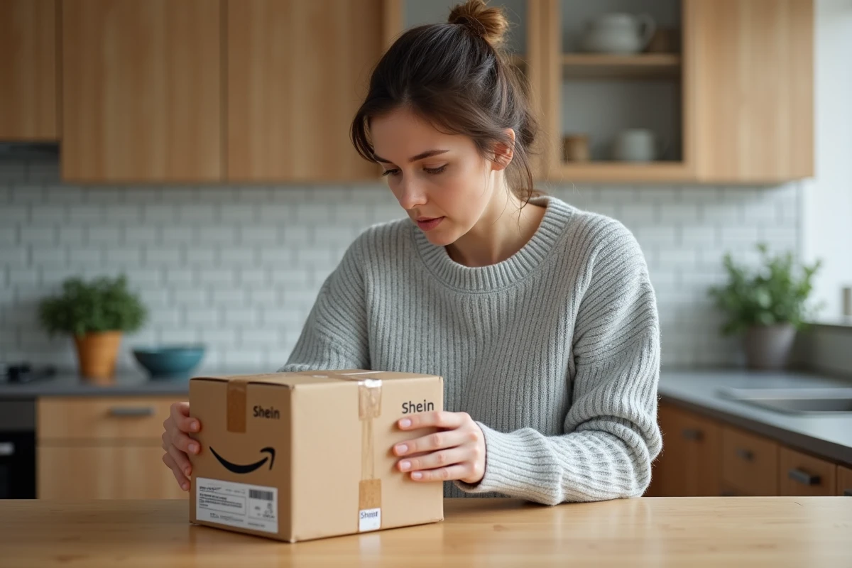 Femme comparant les étiquettes de suivi sur un colis Shein posé sur une table de cuisine en bois