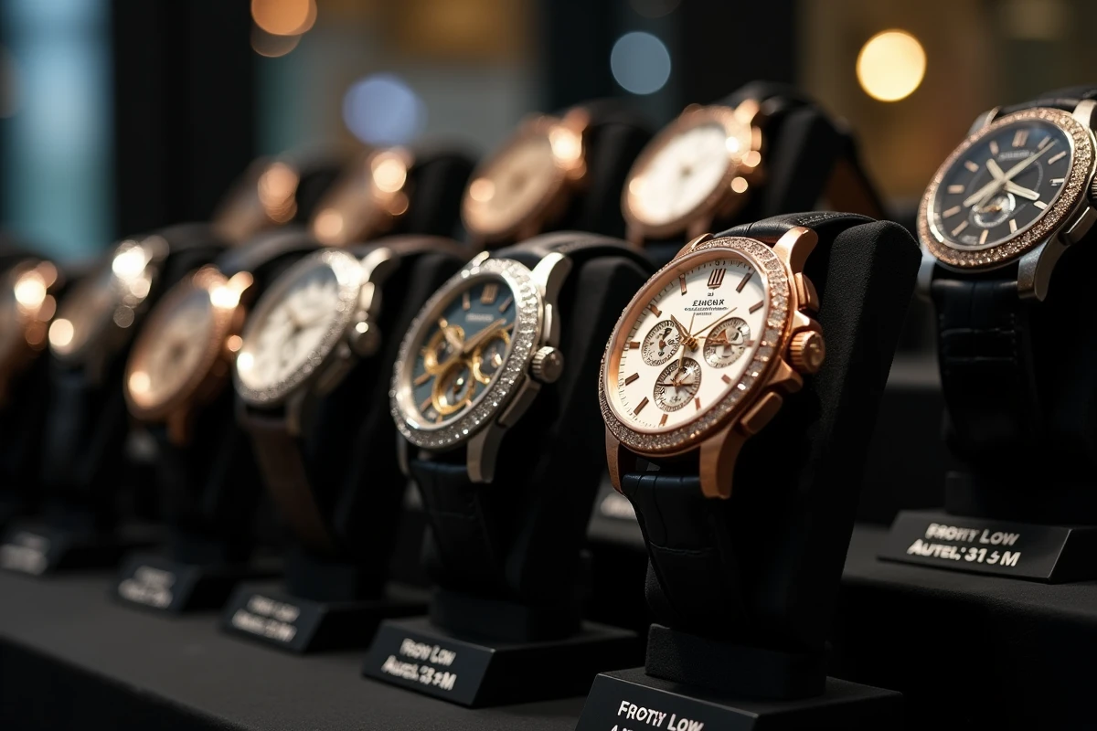 Collection de montres de luxe exposées sur un présentoir lors d'une vente aux enchères horlogère, questionnant leur valeur réelle en tant qu'investissement