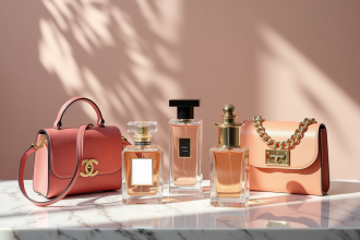 Collection de parfums et sacs de luxe sur une table en marbre