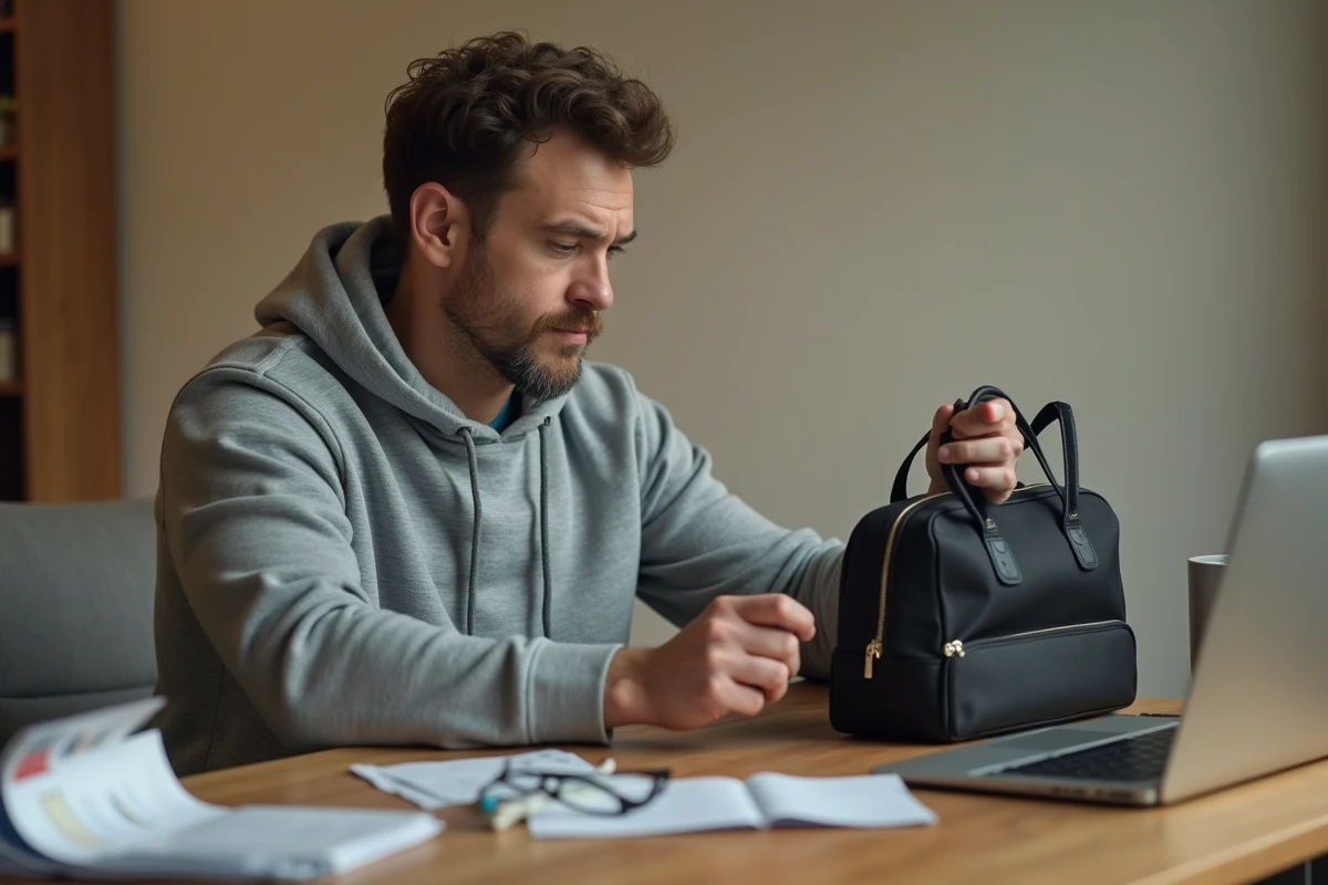 Homme comparant un article de marque authentique et une contrefaçon à son bureau à la maison