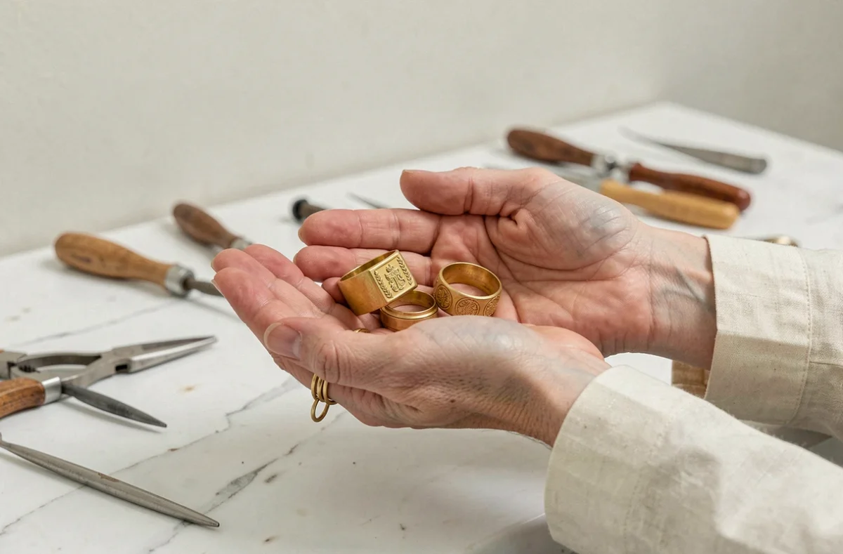 Femme tenant deux bagues chevalières en or dans ses mains pour les comparer dans un atelier de joaillerie