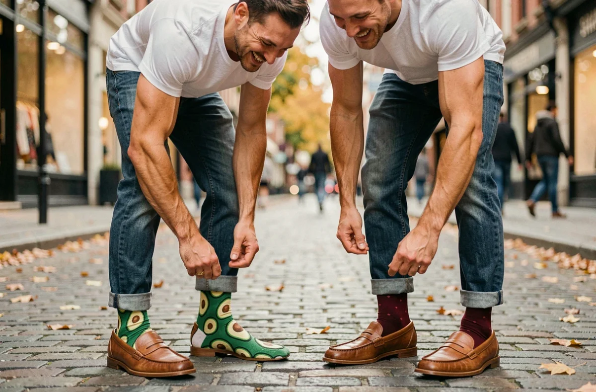Deux hommes comparant leurs chaussettes fantaisie colorées dans une rue pavée en automne, l'un avec un motif avocat, l'autre à pois rouges